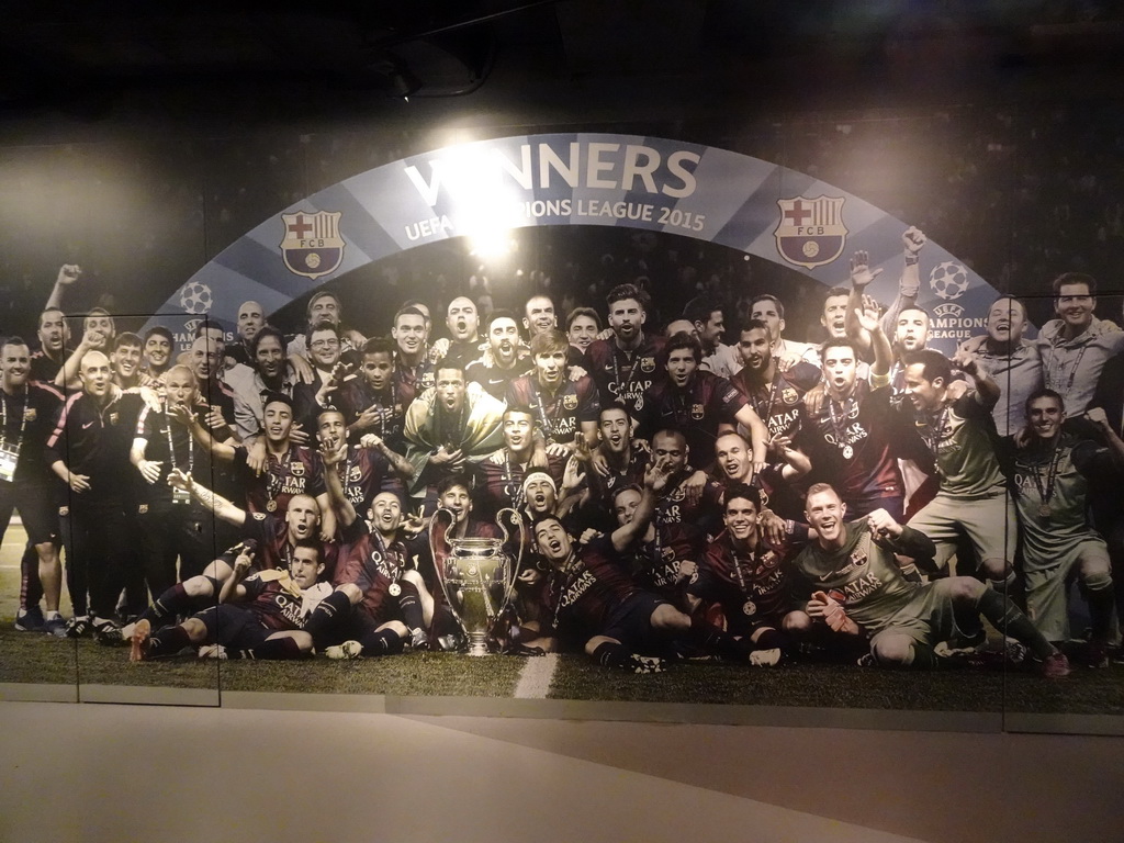 Photograph of the 2015 Champions League winners at the FCBotiga Megastore