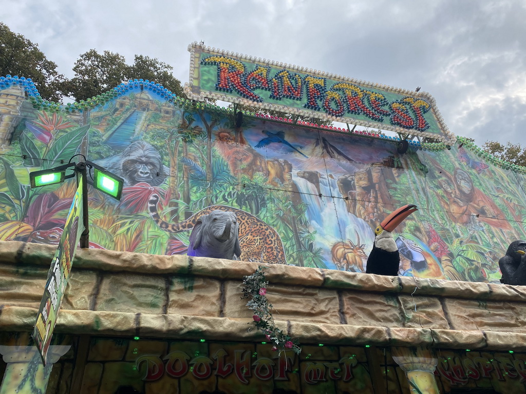 Facade of the Rainforest Mirror Maze attraction at the funfair at the Brigidastraat street