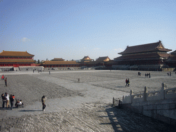 The Gate of Manifest Virtue and the Gate of Supreme Harmony, under renovation, and the Pavilion of Embodying Benevolence at the Forbidden City, viewed from the Pavilion of Spreading Righteousness