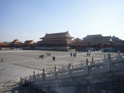 The Gate of Manifest Virtue and the Gate of Supreme Harmony, under renovation, and the Gate of Correct Conduct at the Forbidden City, viewed from the Pavilion of Spreading Righteousness