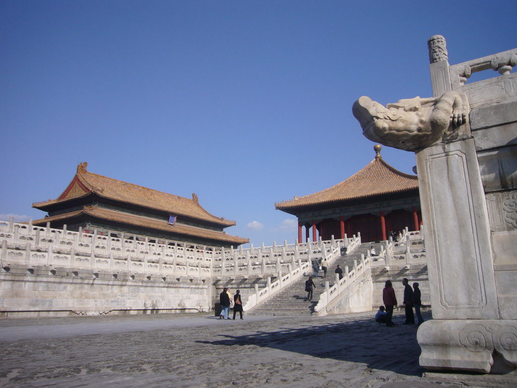 The southwest side of the Hall of Preserving Harmony and the west side of the Hall of Complete Harmony at the Forbidden City