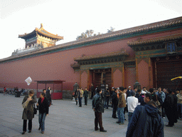 The north side of the Gate of Loyal Obedience and the Mountain of Accumulated Excellence with the Pavilion of Imperial Prospect at the back side of the Imperial Garden of the Forbidden City