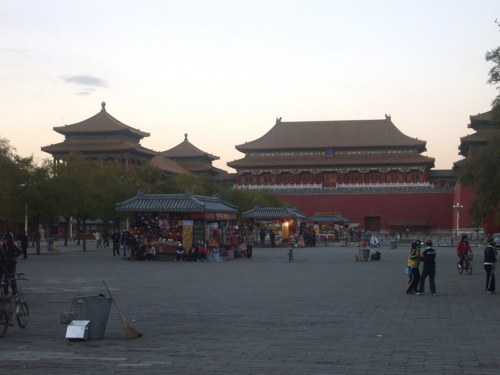 Square in front of the Meridian Gate, south entrance to the Forbidden City, at sunset