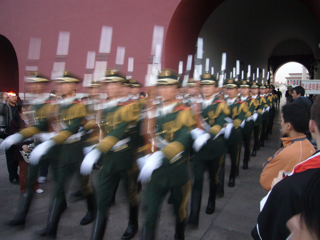 Guards marching through the Gate of Heavenly Peace, during the Flag-Lowering Ceremony, at sunset