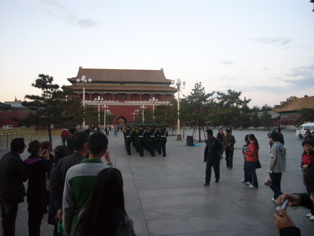 Guards marching from the Gate of Heavenly Peace to the Upright Gate, during the Flag-Lowering Ceremony, at sunset