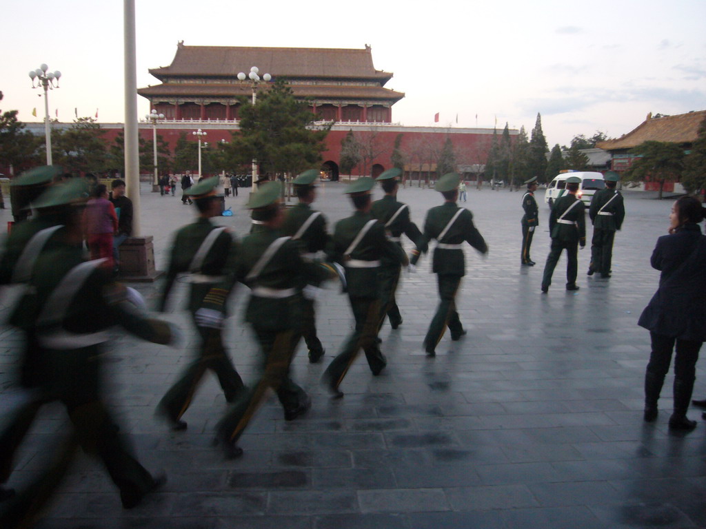 Guards marching from the Gate of Heavenly Peace to the Upright Gate, during the Flag-Lowering Ceremony, at sunset