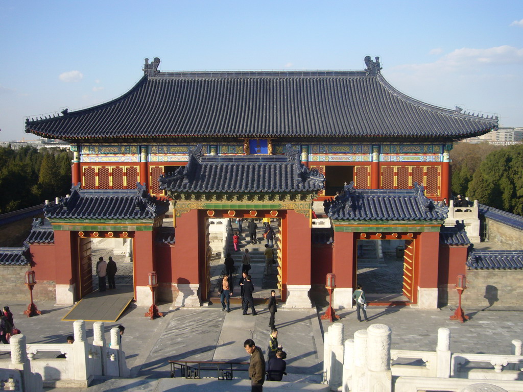 The Imperial Hall of Heaven and its gate at the Temple of Heaven, viewed from the Hall of Prayer for Good Harvests