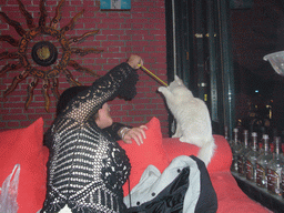 Miaomiao and a cat in a pub at Beihai Lake