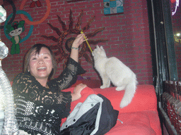 Miaomiao and a cat in a pub at Beihai Lake