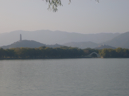 Kunming Lake with the Jade Belt Bridge at the Summer Palace and the Jade Spring Hill with the Yufeng Pagoda, viewed from the South Lake Island