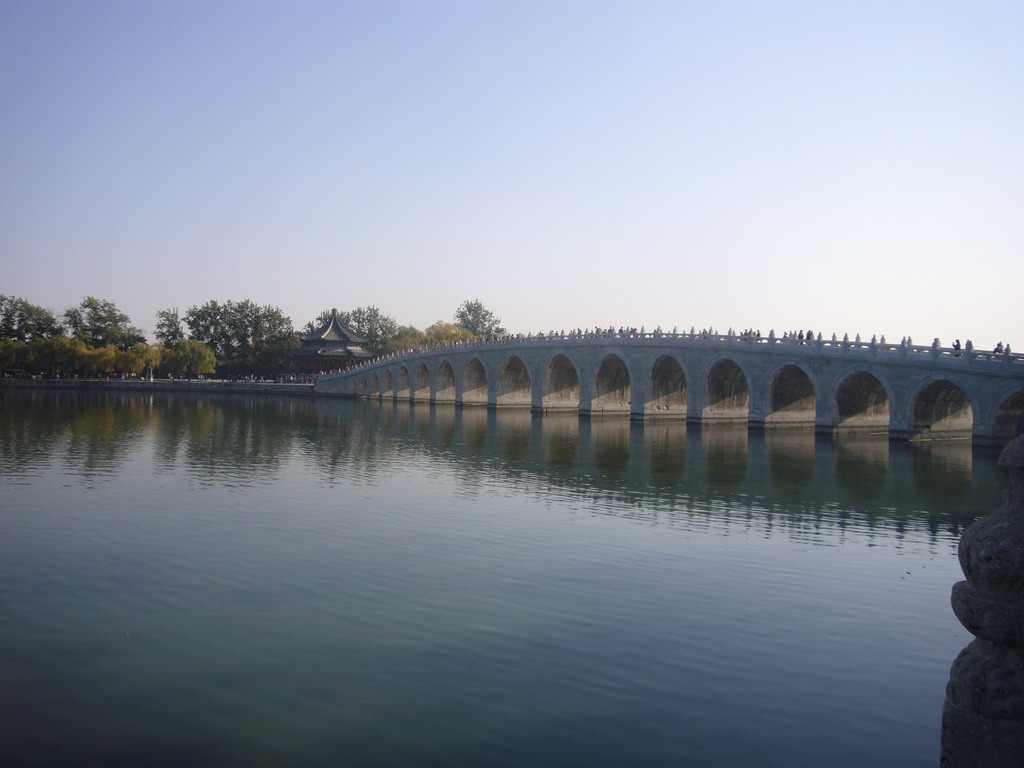 The Seventeen-Arch Bridge over Kunming Lake and the Pavilion of Broad View at the Summer Palace, viewed from the South Lake Island