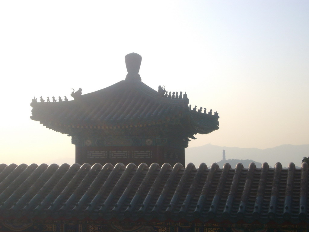 Pavilion on the west side of the Tower of Buddhist Incense at the Summer Palace and the Jade Spring Hill with the Yufeng Pagoda, viewed from the Tower of Buddhist Incense