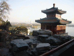 Pavilion on the east side of the Tower of Buddhist Incense at the Summer Palace, with a view on Kunming Lake and surroundings, viewed from the Tower of Buddhist Incense