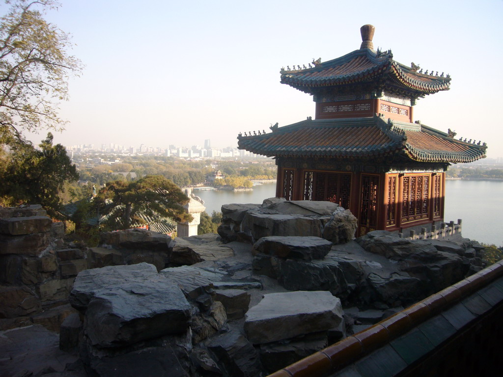 Pavilion on the east side of the Tower of Buddhist Incense at the Summer Palace, with a view on Kunming Lake and surroundings, viewed from the Tower of Buddhist Incense