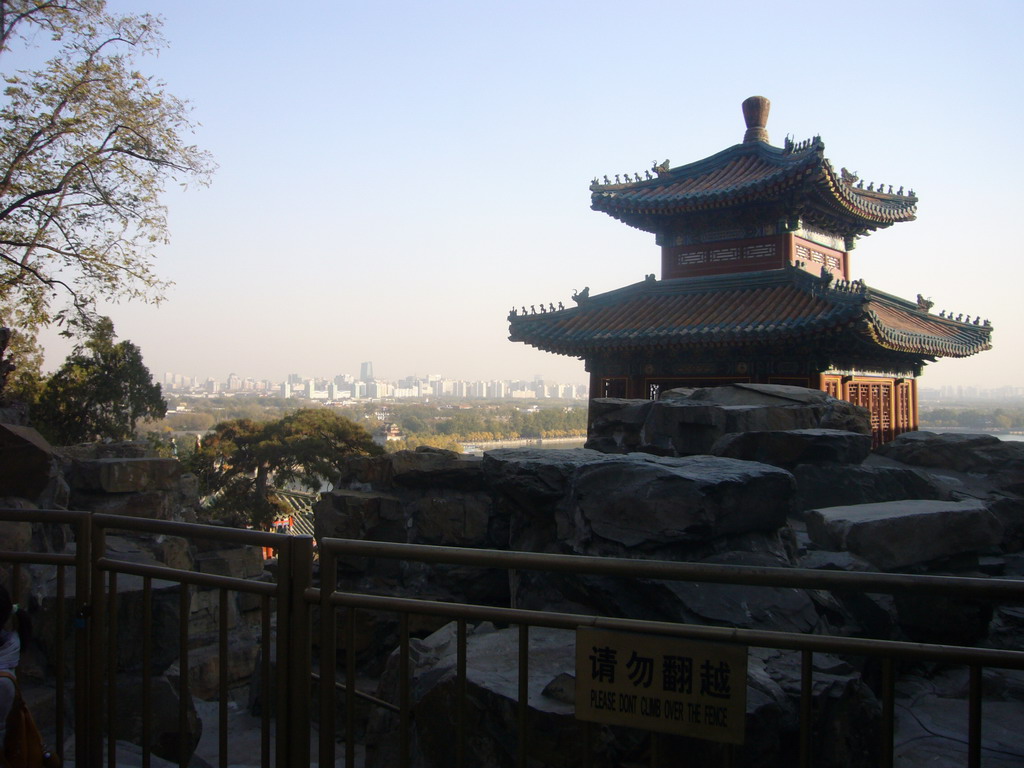 Pavilion on the east side of the Tower of Buddhist Incense at the Summer Palace, with a view on Kunming Lake and surroundings, viewed from the Tower of Buddhist Incense