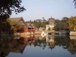 Kunming Lake, Boathouses and the Gate Tower of Cloud-Retaining Eaves at the Summer Palace, viewed from the West Causeway