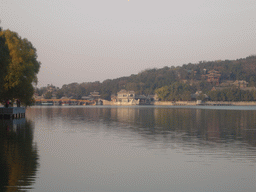 Kunming Lake, the Bridge of Banana-Plant, the Marble Boat and other boats at the Summer Palace, viewed from the West Causeway