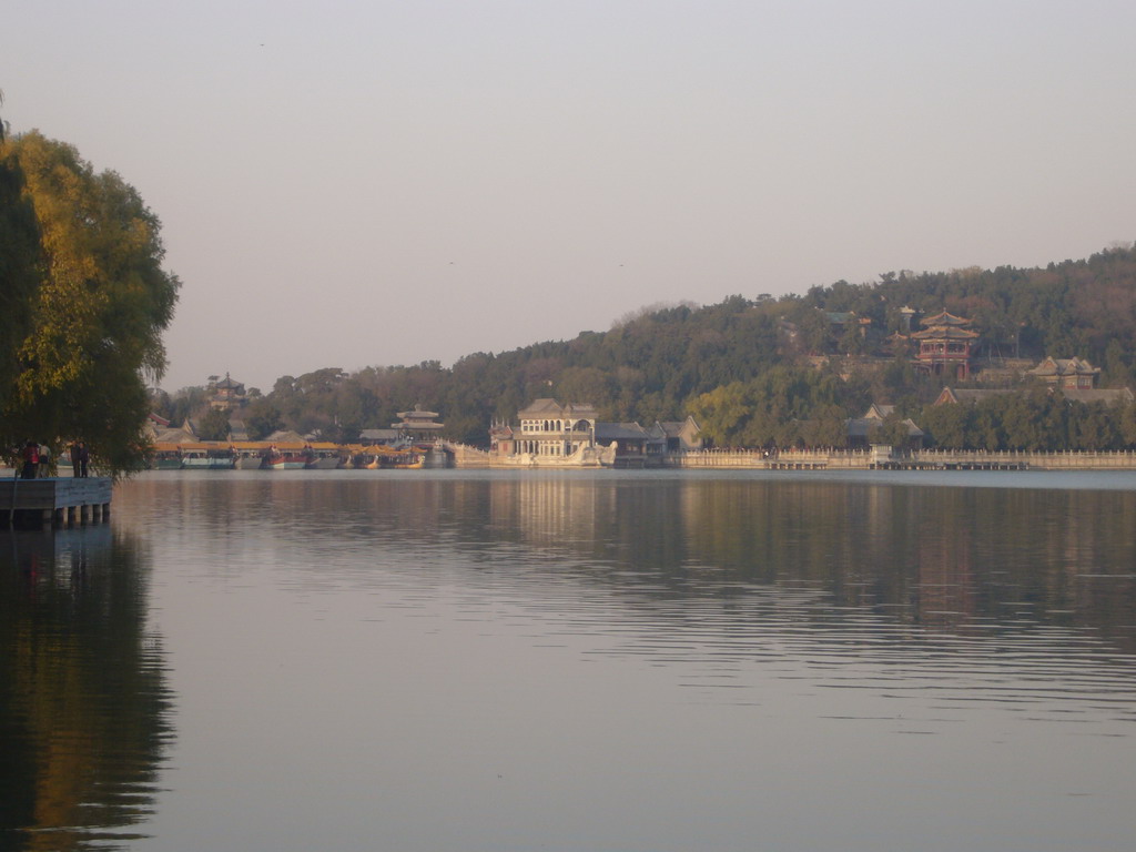 Kunming Lake, the Bridge of Banana-Plant, the Marble Boat and other boats at the Summer Palace, viewed from the West Causeway