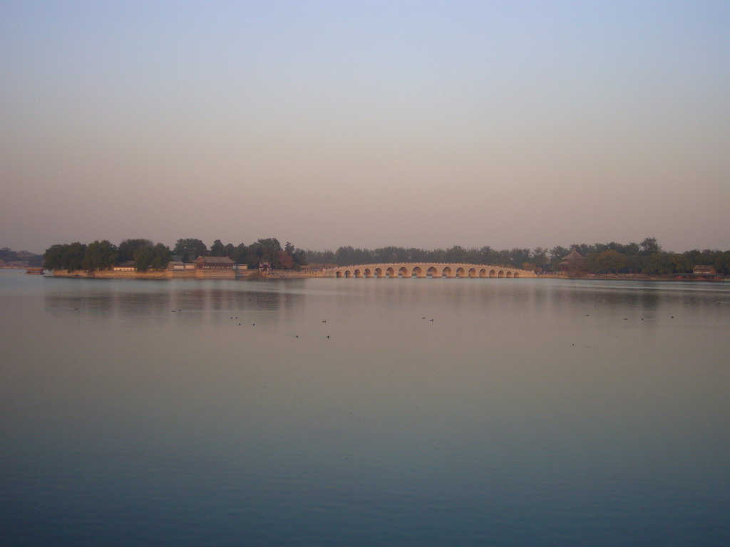 Kunming Lake, the Seventeen-Arch Bridge, South Lake Island and the Pavilion of Broad View at the Summer Palace, viewed from the Silk Bridge