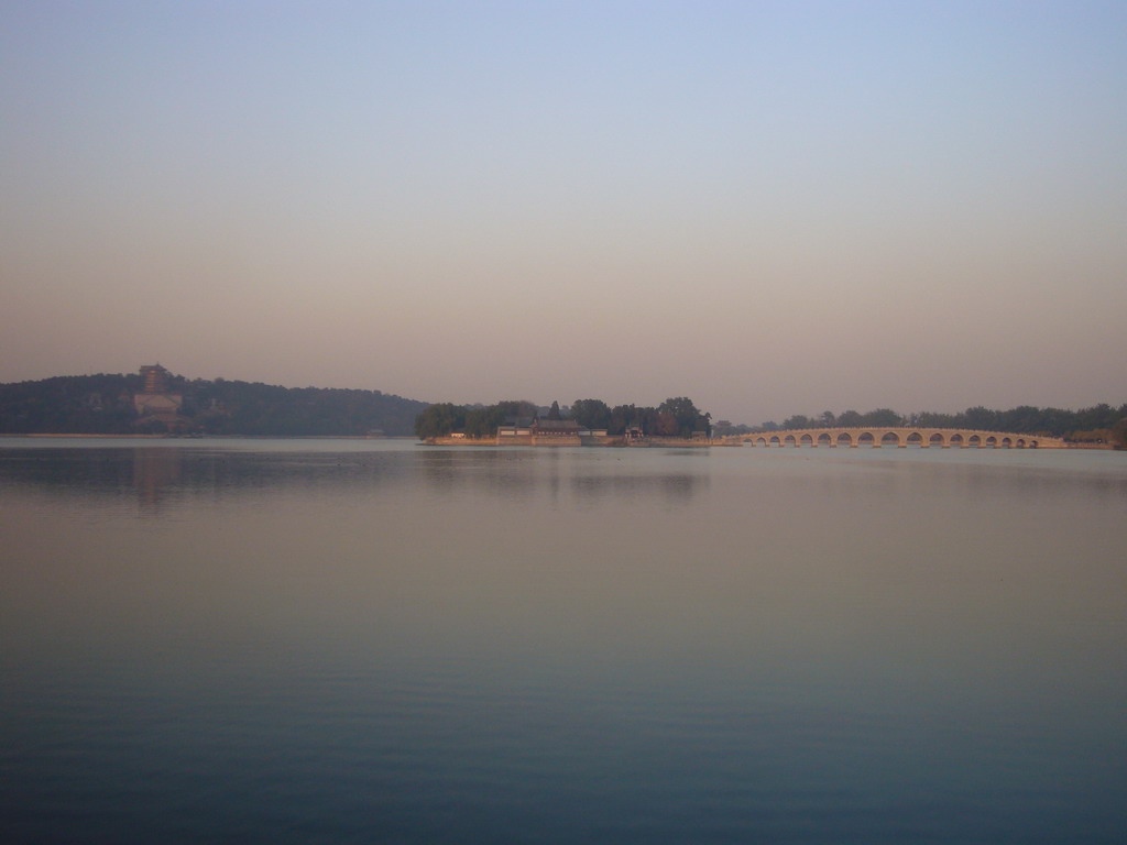 Kunming Lake, Longevity Hill with the Tower of Buddhist Incense, the Seventeen-Arch Bridge and South Lake Island at the Summer Palace, viewed from the Pavilion of Bright Scenery