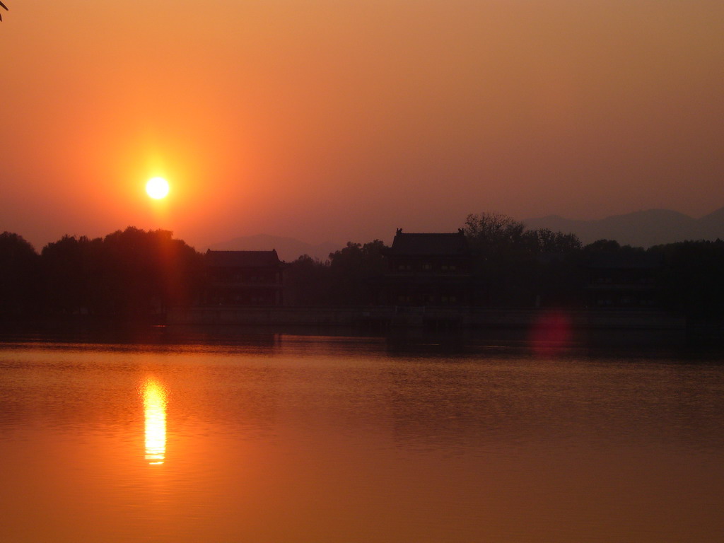 Kunming Lake and the Pavilion of Bright Scenery at the Summer Palace, at sunset