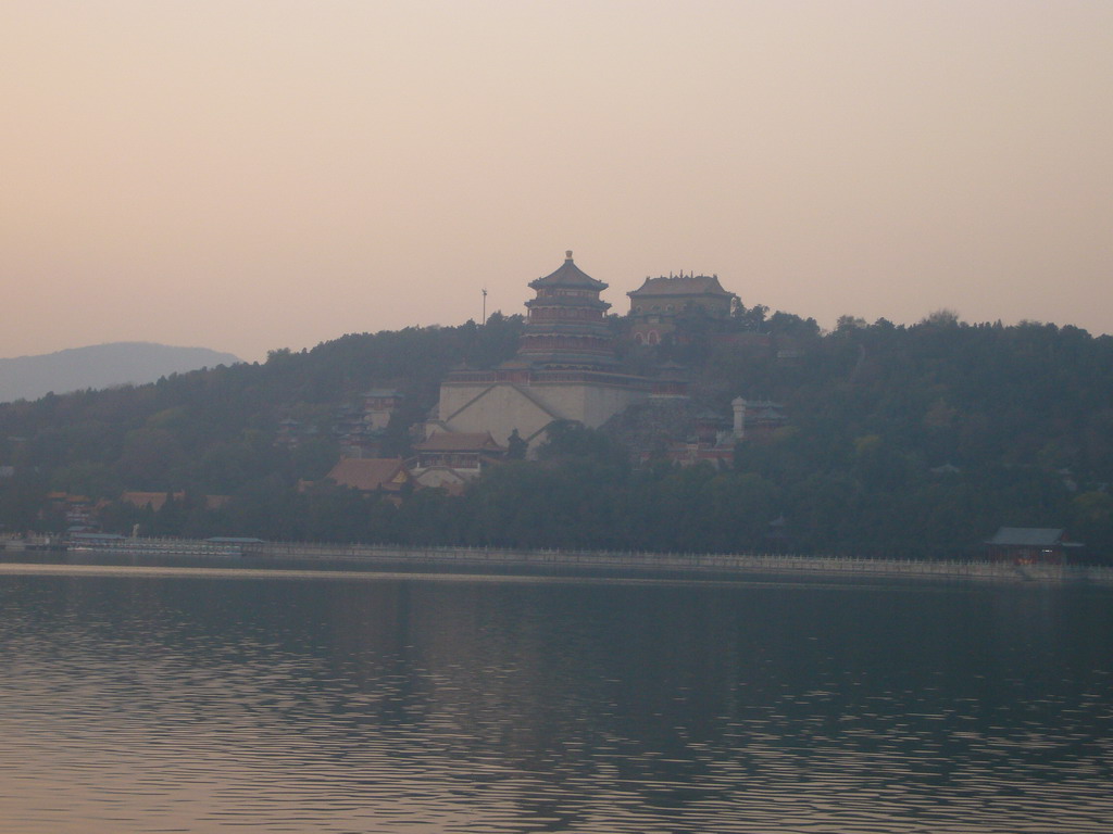 Kunming Lake and Longevity Hill with the Tower of Buddhist Incense and the Hall of the Sea of Wisdom at the Summer Palace, viewed from the East Causeway, at sunset