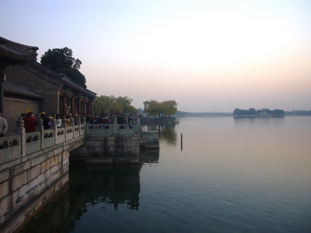 The Hall of Natural Affinity of Water and Trees, Kunming Lake, the Seventeen-Arch Bridge and South Lake Island at the Summer Palace, at sunset