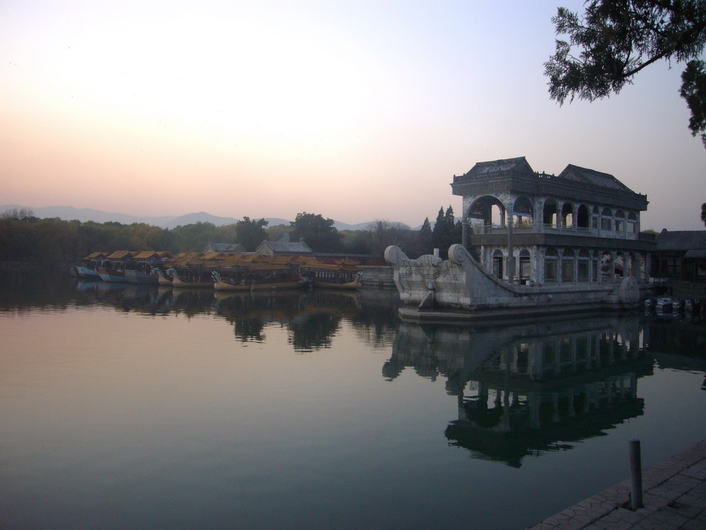 The Marble Boat and other boats at the northwest side of Kunming Lake at the Summer Palace, at sunset