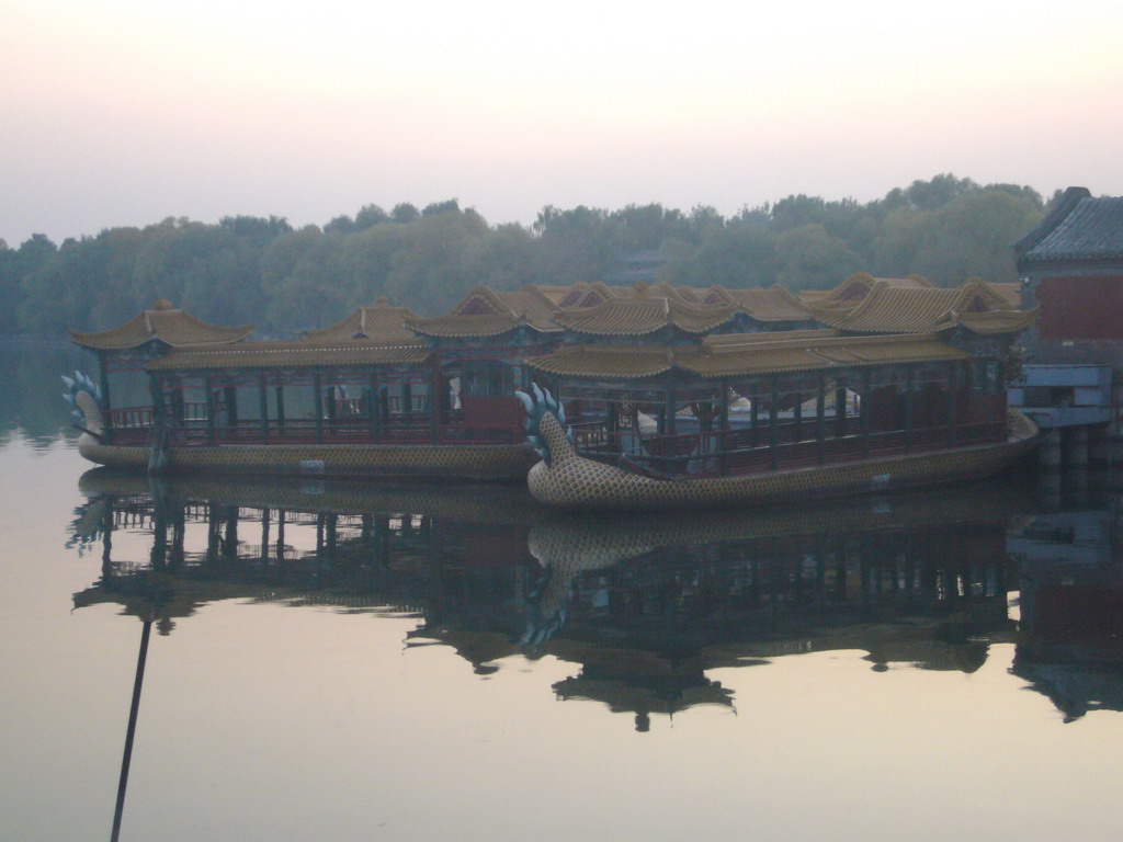 Boats at the northwest side of Kunming Lake at the Summer Palace, at sunset