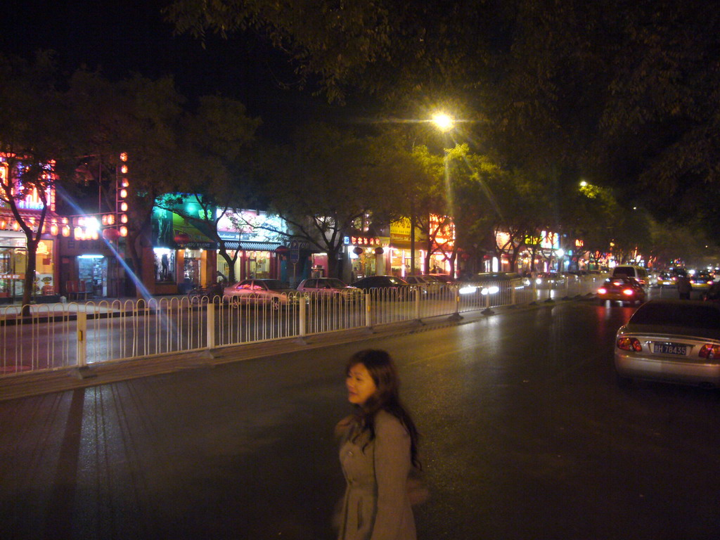 Miaomiao on a street with restaurants in the city center, by night