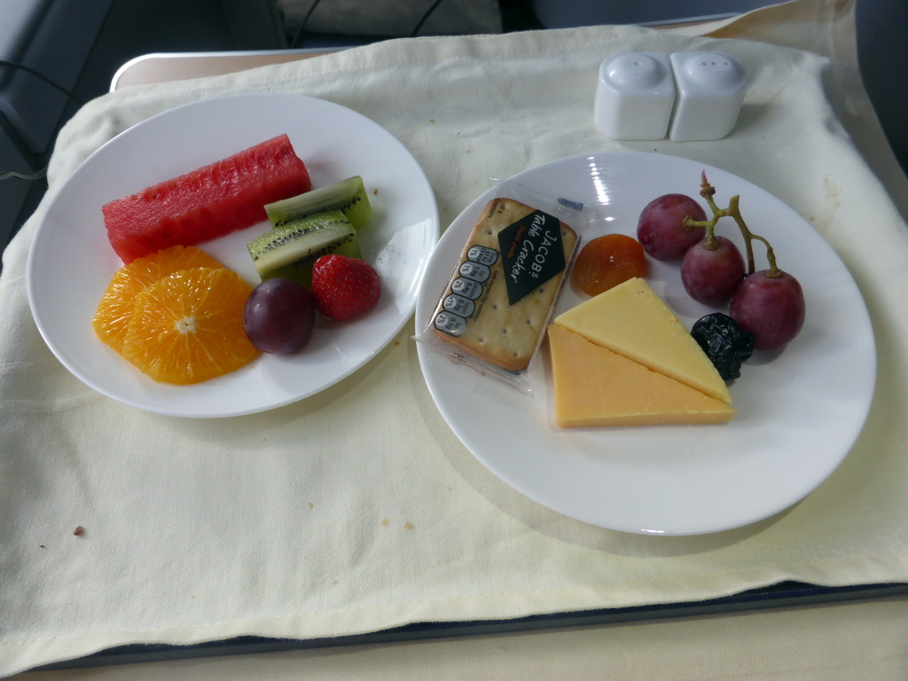 Fruit and cheese in the airplane from Amsterdam