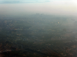 South side of the city and skyscrapers in the city center, viewed from the airplane from Amsterdam