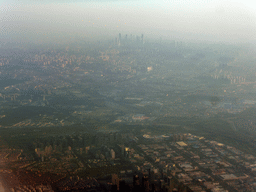 South side of the city with the South 5th Ring Road, and skyscrapers in the city center, viewed from the airplane from Amsterdam