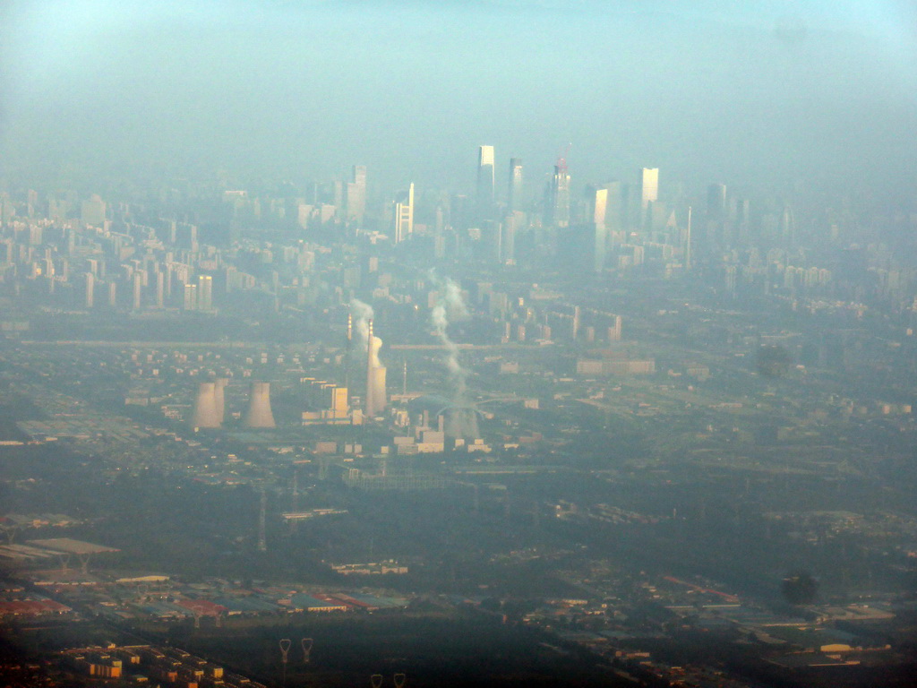 East side of the city and skyscrapers in the city center, viewed from the airplane from Amsterdam