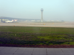 Control tower of Beijing Capital International Airport, viewed from the airplane from Amsterdam