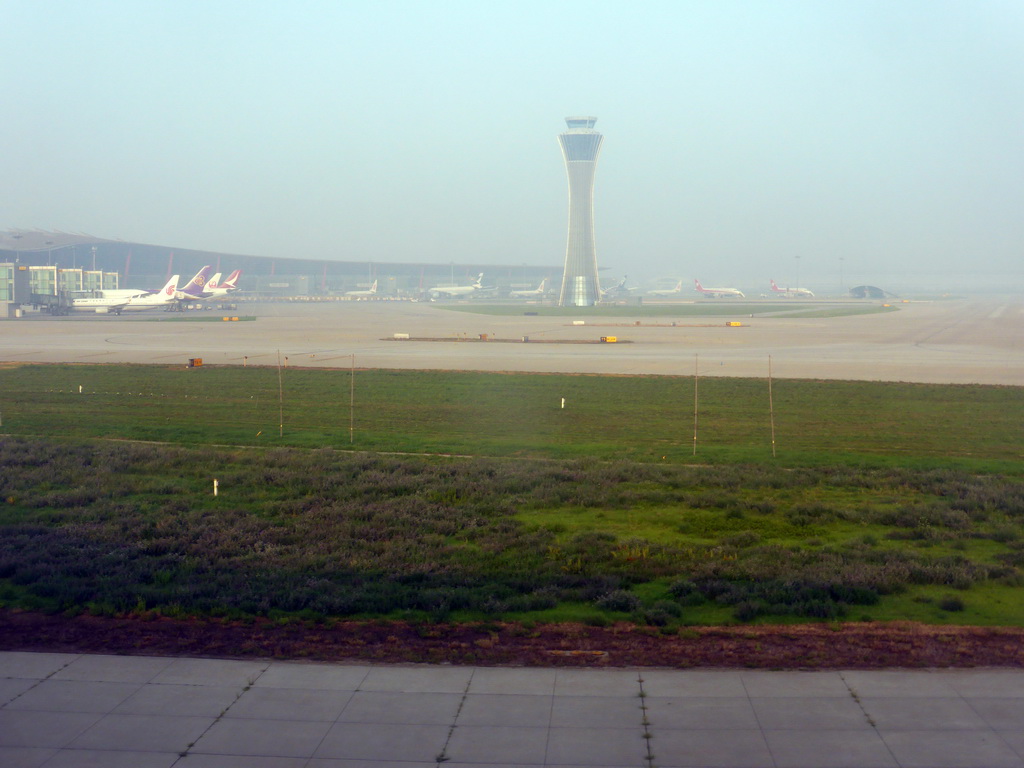 Control tower of Beijing Capital International Airport, viewed from the airplane from Amsterdam