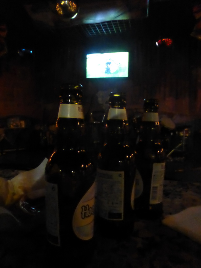 TV screen with the EURO 2016 soccer match Germany vs. Italy and Hoegaarden beers in a pub at Hufang Road