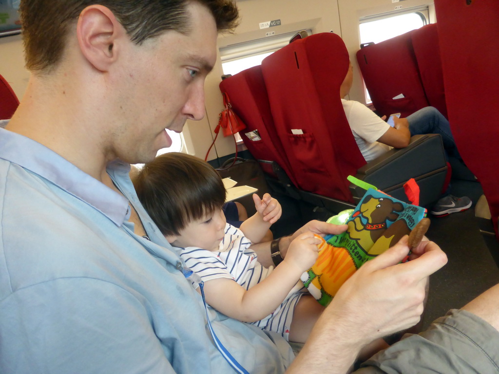 Tim and Max reading a book in the high speed train to Zhengzhou