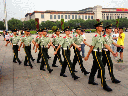 Guards in front of the National Museum of China at Tiananmen Square, before the Flag-Lowering Ceremony