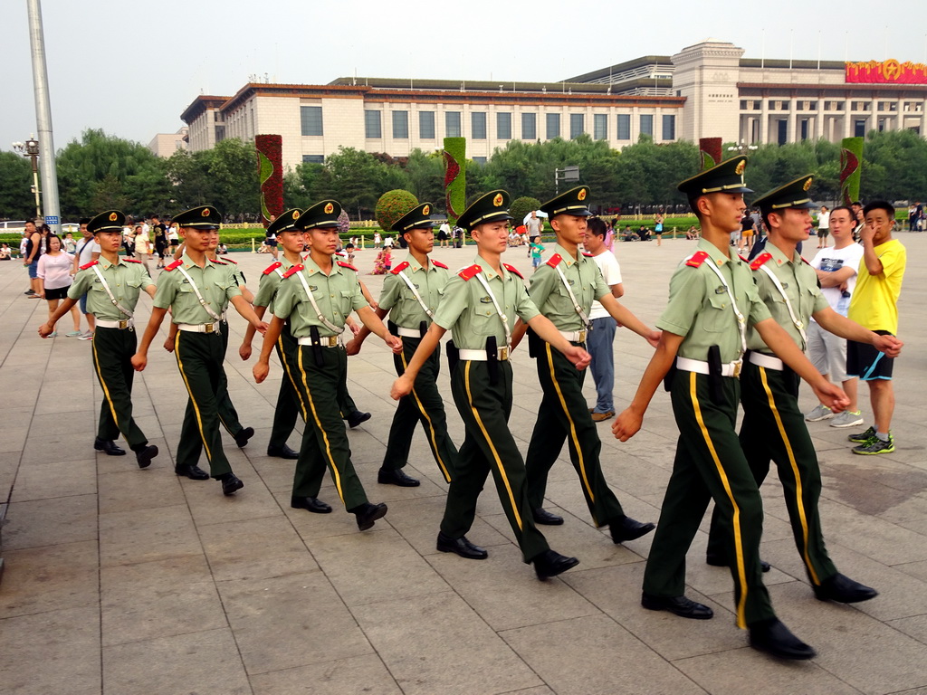 Guards in front of the National Museum of China at Tiananmen Square, before the Flag-Lowering Ceremony