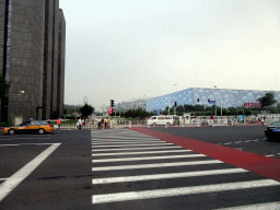 The Digital Beijing building, the Beijing National Stadium and the Beijing National Aquatics Centre, viewed from the bus at Beichen West Road