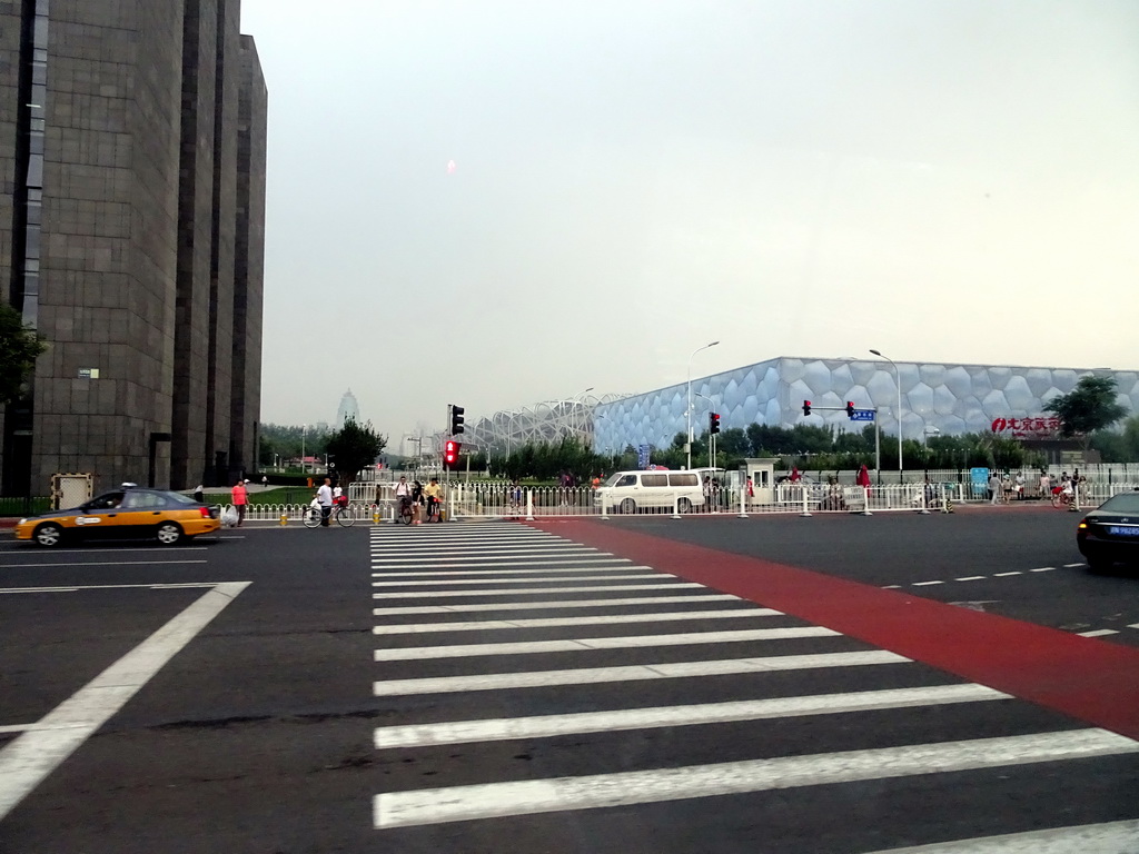 The Digital Beijing building, the Beijing National Stadium and the Beijing National Aquatics Centre, viewed from the bus at Beichen West Road