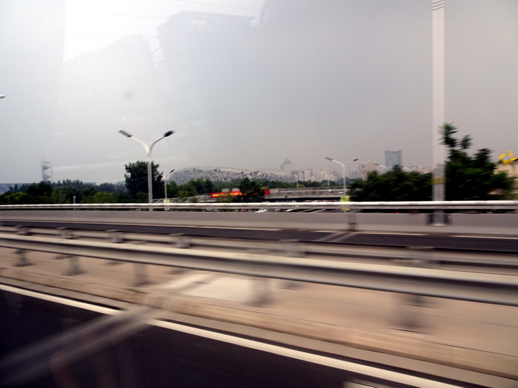 The Beijing National Stadium, viewed from the bus at Beichen West Road