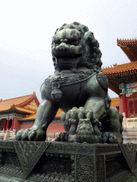 Lion statue in front of the Gate of Supreme Harmony at the Forbidden City
