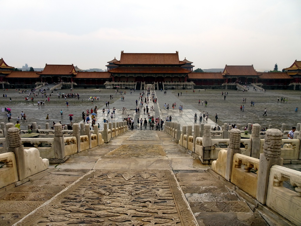 The back sides of the Gate of Manifest Virtue, the Gate of Supreme Harmony and the Gate of Correct Conduct at the Forbidden City, viewed from the Hall of Supreme Harmony