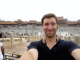 Tim at the front of the Hall of Supreme Harmony at the Forbidden City, with a view on the Gate of Manifest Virtue, the Gate of Supreme Harmony and the Gate of Correct Conduct