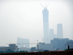 The CCTV Headquarters and other skyscrapers in the city center, viewed from the Hall of Preserving Harmony at the Forbidden City