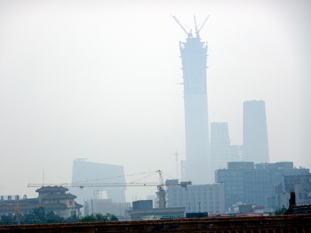 The CCTV Headquarters and other skyscrapers in the city center, viewed from the Hall of Preserving Harmony at the Forbidden City