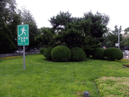 Grassfield with `Emergency shelter` sign at the crossing of Wusi Street and the Huangchenggen Relic Site Park