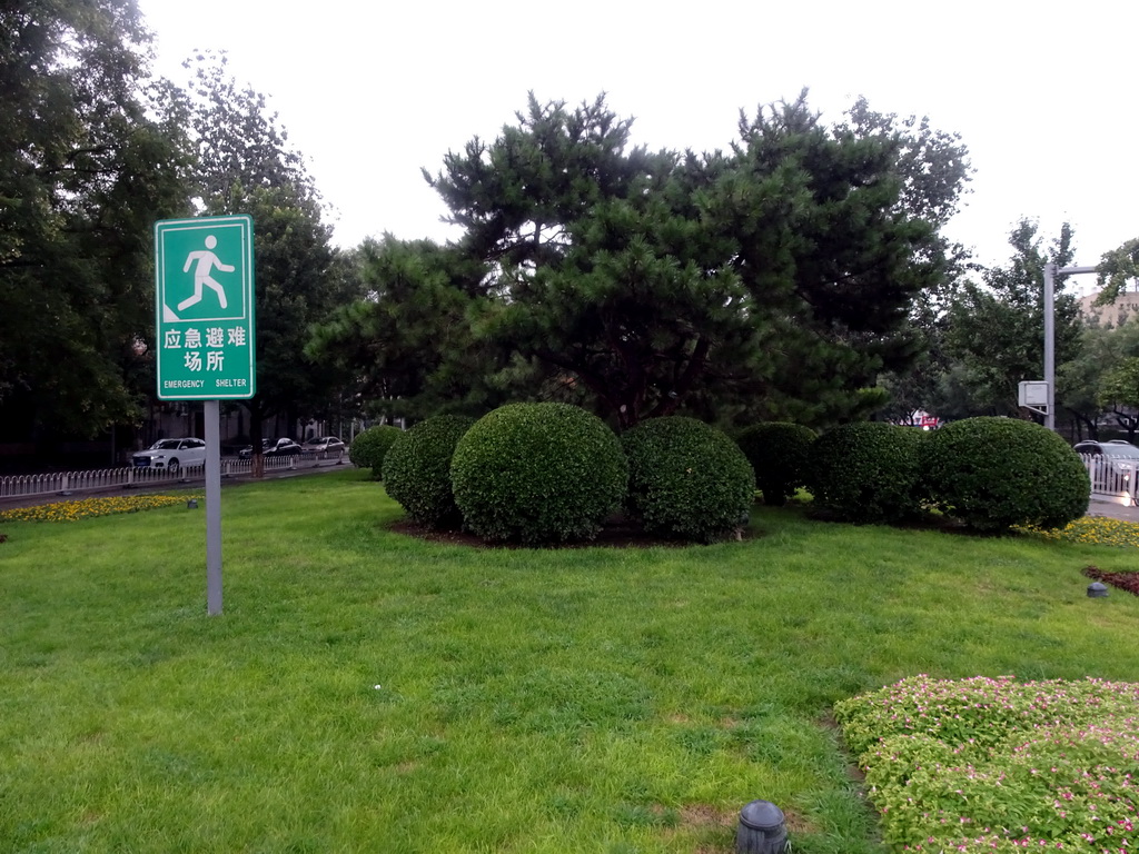 Grassfield with `Emergency shelter` sign at the crossing of Wusi Street and the Huangchenggen Relic Site Park